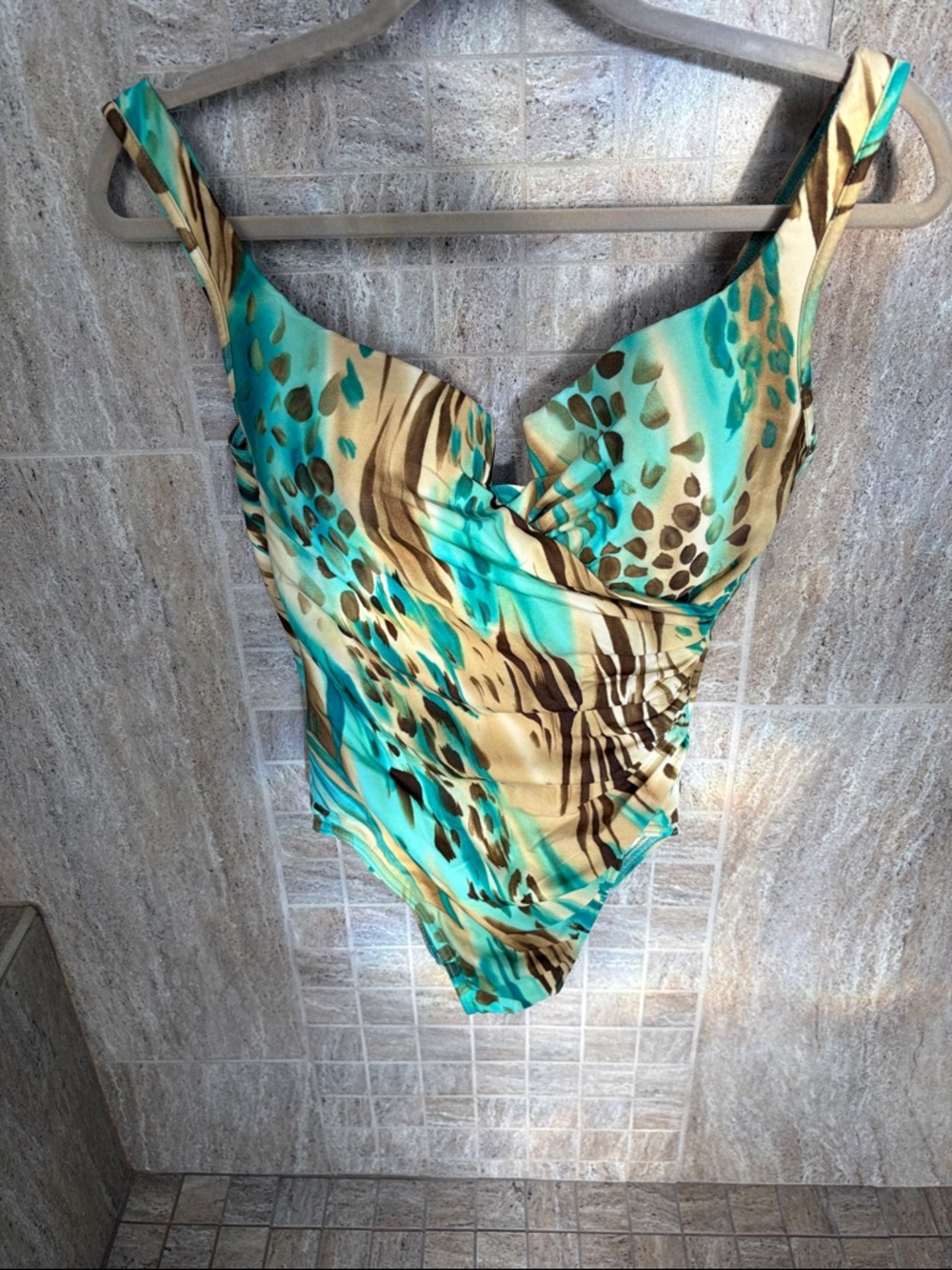 Beautiful Miracle One-Piece Swimsuit in Turquoise and Tan.
